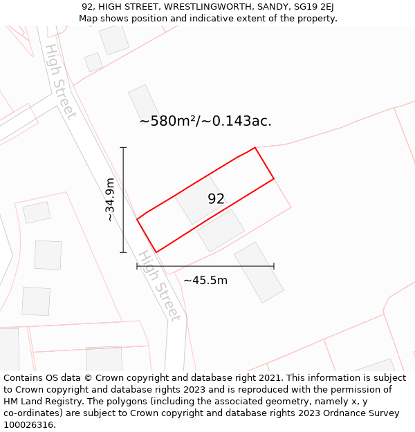 92, HIGH STREET, WRESTLINGWORTH, SANDY, SG19 2EJ: Plot and title map