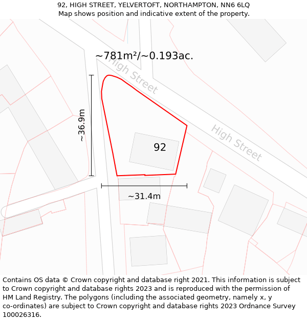 92, HIGH STREET, YELVERTOFT, NORTHAMPTON, NN6 6LQ: Plot and title map