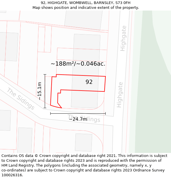 92, HIGHGATE, WOMBWELL, BARNSLEY, S73 0FH: Plot and title map