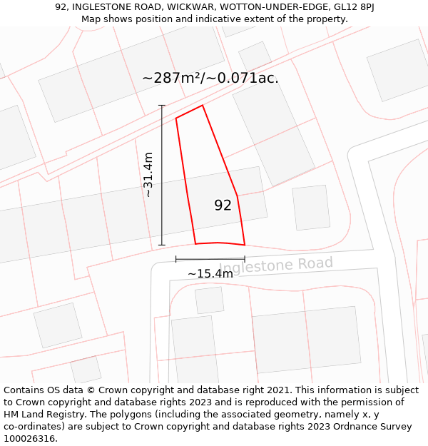 92, INGLESTONE ROAD, WICKWAR, WOTTON-UNDER-EDGE, GL12 8PJ: Plot and title map