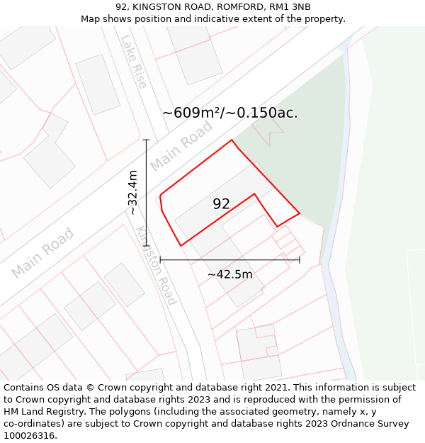 92, KINGSTON ROAD, ROMFORD, RM1 3NB: Plot and title map