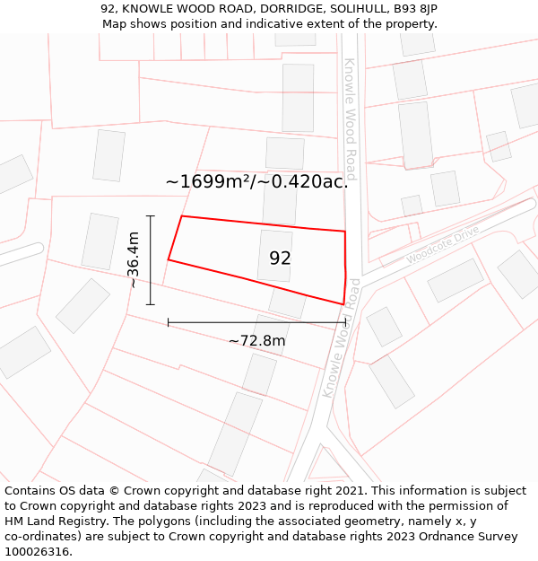 92, KNOWLE WOOD ROAD, DORRIDGE, SOLIHULL, B93 8JP: Plot and title map