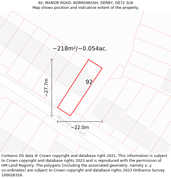 92, MANOR ROAD, BORROWASH, DERBY, DE72 3LN: Plot and title map