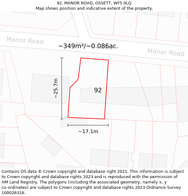 92, MANOR ROAD, OSSETT, WF5 0LQ: Plot and title map