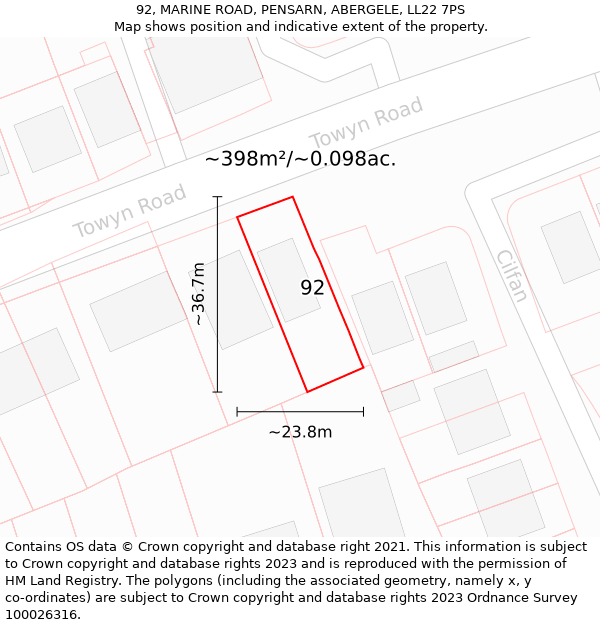 92, MARINE ROAD, PENSARN, ABERGELE, LL22 7PS: Plot and title map