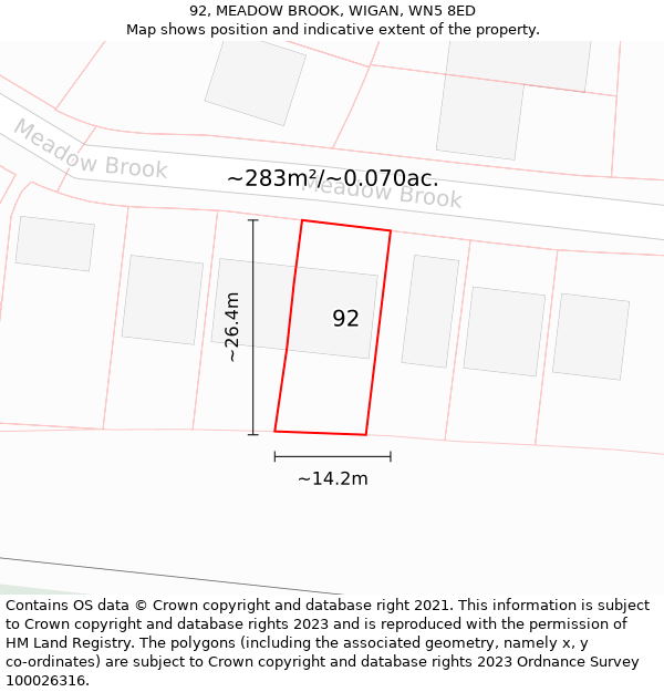 92, MEADOW BROOK, WIGAN, WN5 8ED: Plot and title map