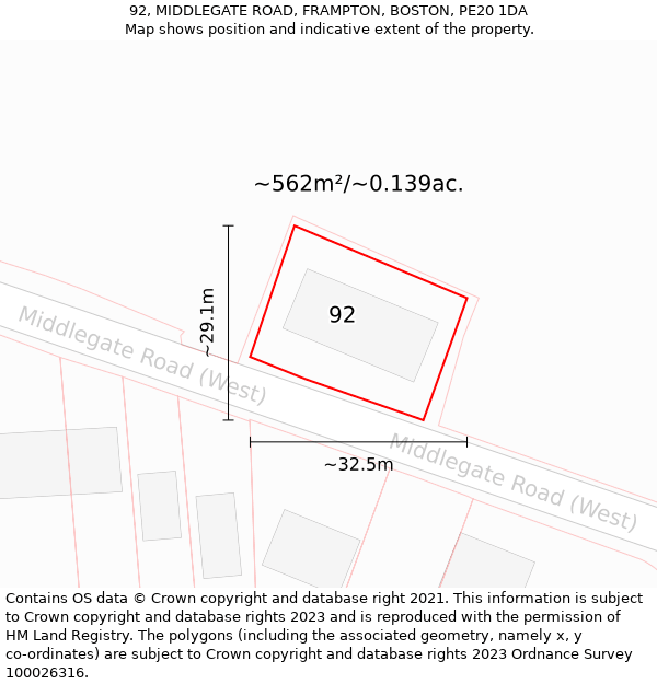 92, MIDDLEGATE ROAD, FRAMPTON, BOSTON, PE20 1DA: Plot and title map