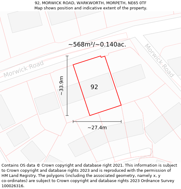 92, MORWICK ROAD, WARKWORTH, MORPETH, NE65 0TF: Plot and title map