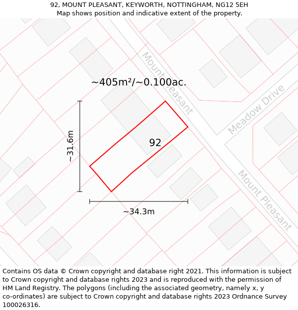 92, MOUNT PLEASANT, KEYWORTH, NOTTINGHAM, NG12 5EH: Plot and title map