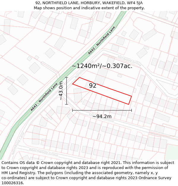 92, NORTHFIELD LANE, HORBURY, WAKEFIELD, WF4 5JA: Plot and title map