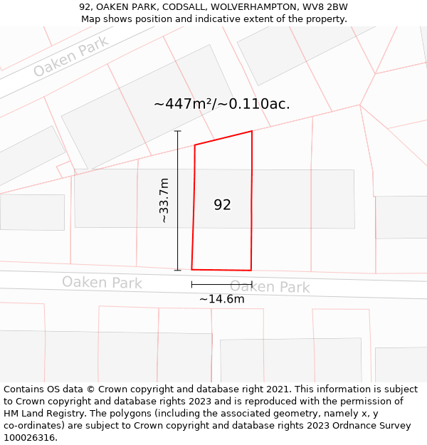 92, OAKEN PARK, CODSALL, WOLVERHAMPTON, WV8 2BW: Plot and title map