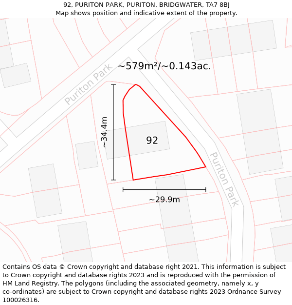 92, PURITON PARK, PURITON, BRIDGWATER, TA7 8BJ: Plot and title map