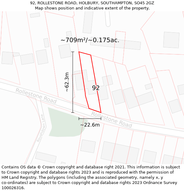 92, ROLLESTONE ROAD, HOLBURY, SOUTHAMPTON, SO45 2GZ: Plot and title map