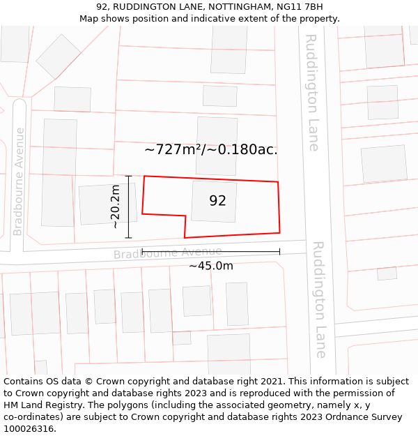 92, RUDDINGTON LANE, NOTTINGHAM, NG11 7BH: Plot and title map