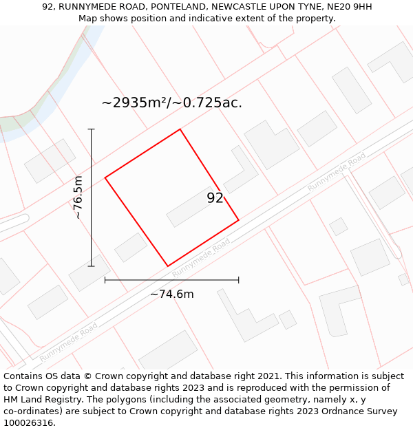 92, RUNNYMEDE ROAD, PONTELAND, NEWCASTLE UPON TYNE, NE20 9HH: Plot and title map