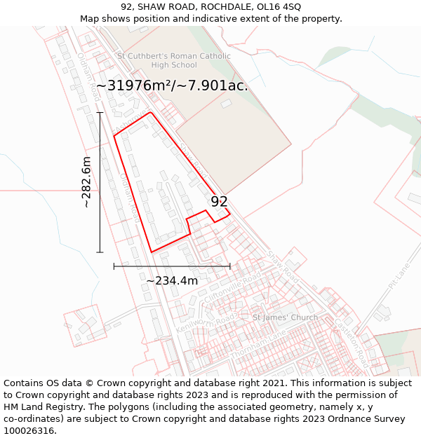 92, SHAW ROAD, ROCHDALE, OL16 4SQ: Plot and title map