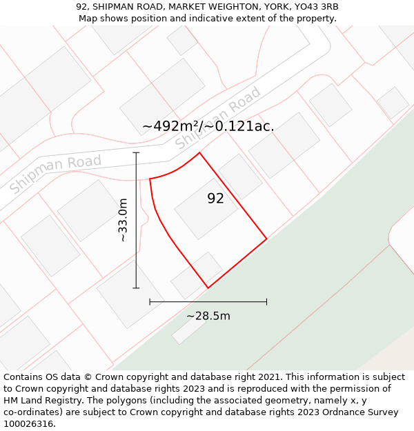 92, SHIPMAN ROAD, MARKET WEIGHTON, YORK, YO43 3RB: Plot and title map