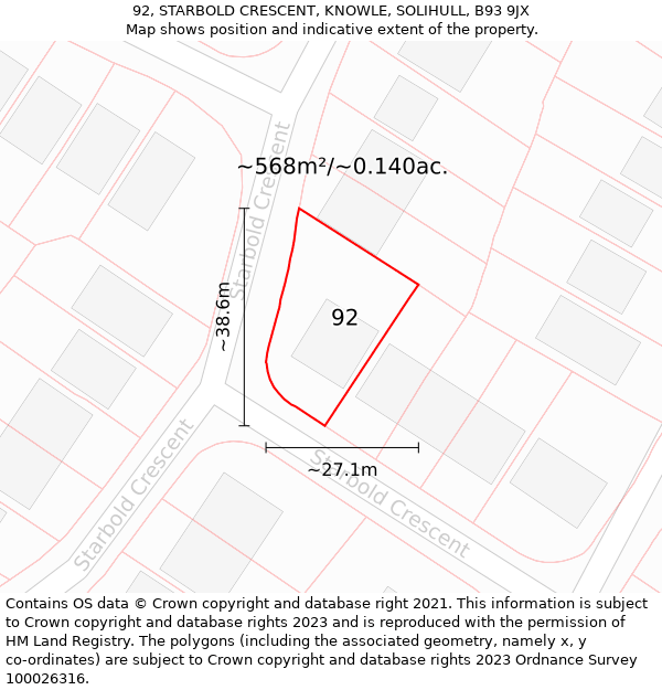 92, STARBOLD CRESCENT, KNOWLE, SOLIHULL, B93 9JX: Plot and title map