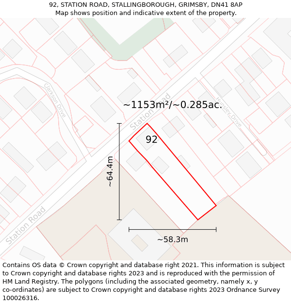 92, STATION ROAD, STALLINGBOROUGH, GRIMSBY, DN41 8AP: Plot and title map