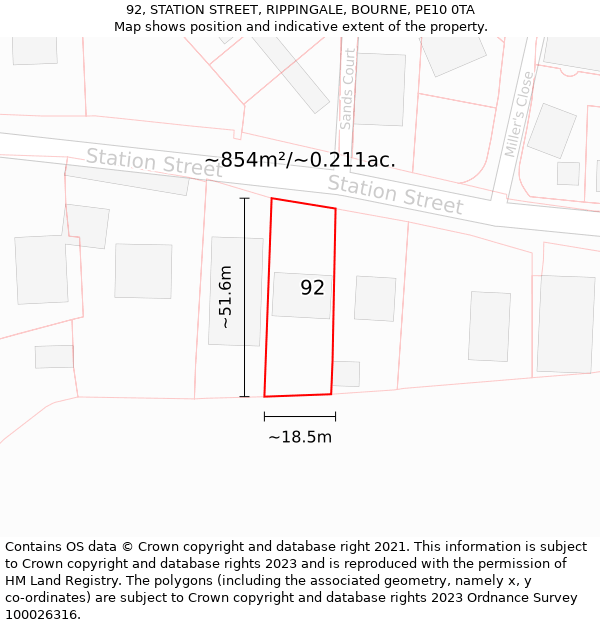 92, STATION STREET, RIPPINGALE, BOURNE, PE10 0TA: Plot and title map