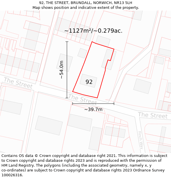 92, THE STREET, BRUNDALL, NORWICH, NR13 5LH: Plot and title map