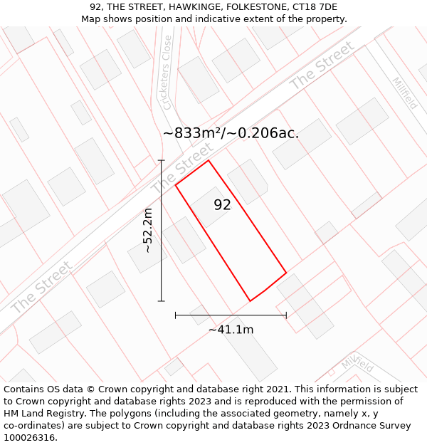 92, THE STREET, HAWKINGE, FOLKESTONE, CT18 7DE: Plot and title map