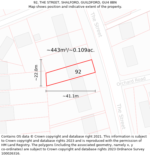 92, THE STREET, SHALFORD, GUILDFORD, GU4 8BN: Plot and title map