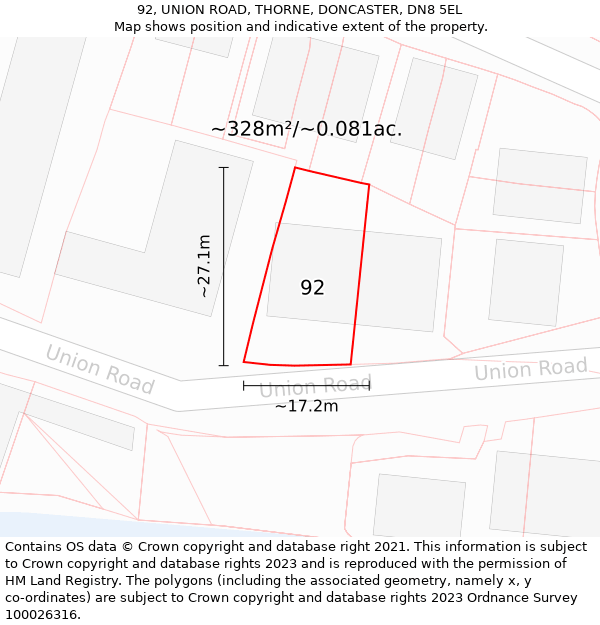 92, UNION ROAD, THORNE, DONCASTER, DN8 5EL: Plot and title map