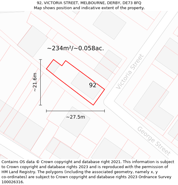 92, VICTORIA STREET, MELBOURNE, DERBY, DE73 8FQ: Plot and title map