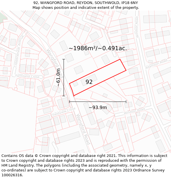 92, WANGFORD ROAD, REYDON, SOUTHWOLD, IP18 6NY: Plot and title map