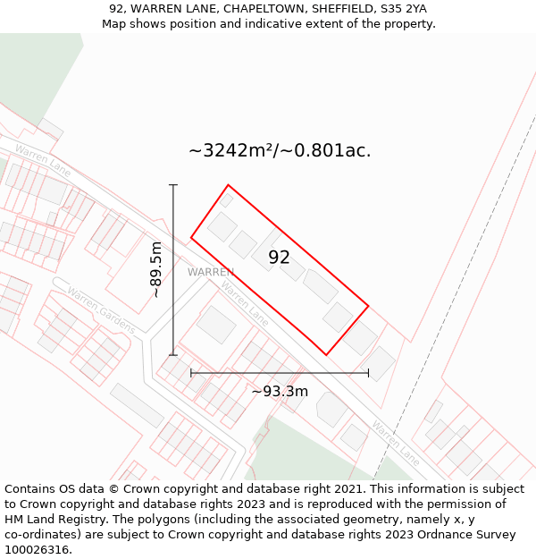 92, WARREN LANE, CHAPELTOWN, SHEFFIELD, S35 2YA: Plot and title map