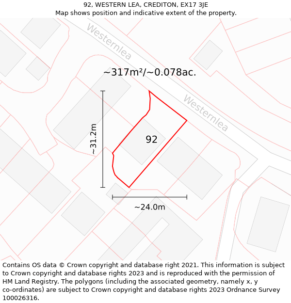 92, WESTERN LEA, CREDITON, EX17 3JE: Plot and title map