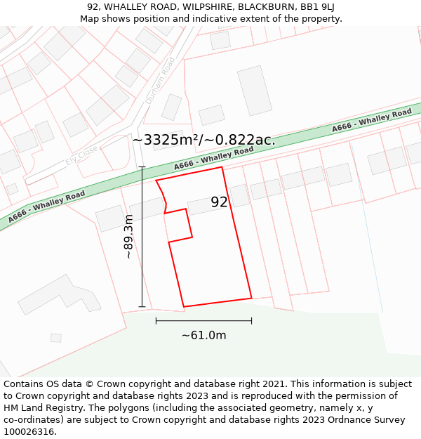 92, WHALLEY ROAD, WILPSHIRE, BLACKBURN, BB1 9LJ: Plot and title map