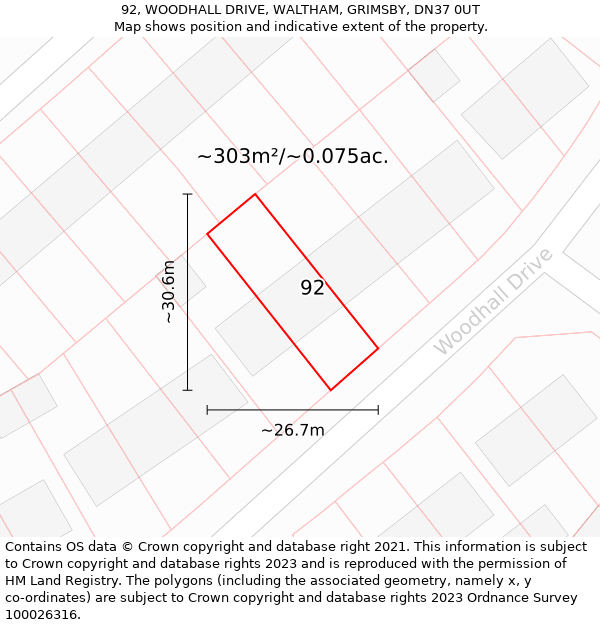 92, WOODHALL DRIVE, WALTHAM, GRIMSBY, DN37 0UT: Plot and title map