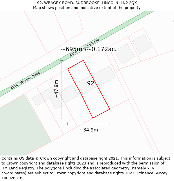 92, WRAGBY ROAD, SUDBROOKE, LINCOLN, LN2 2QX: Plot and title map