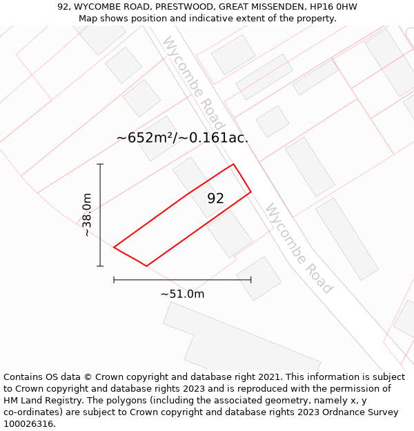 92, WYCOMBE ROAD, PRESTWOOD, GREAT MISSENDEN, HP16 0HW: Plot and title map