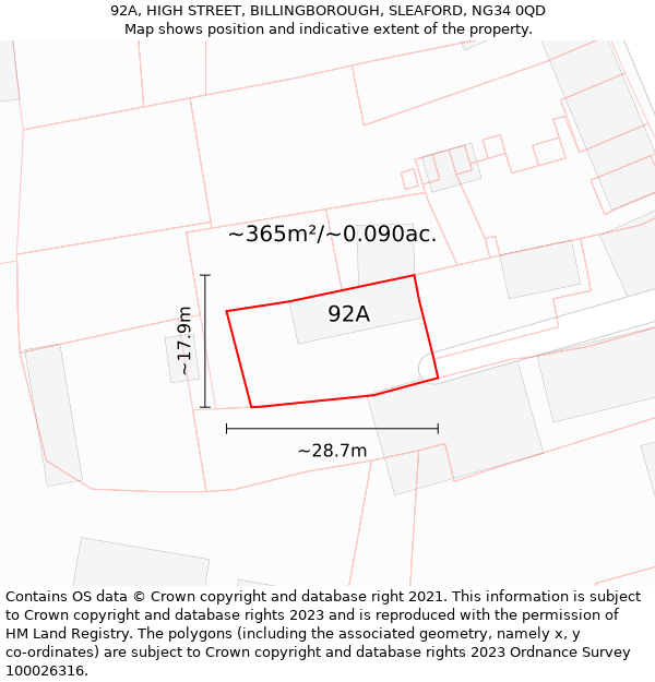 92A, HIGH STREET, BILLINGBOROUGH, SLEAFORD, NG34 0QD: Plot and title map