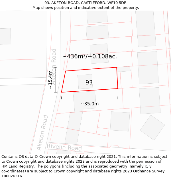 93, AKETON ROAD, CASTLEFORD, WF10 5DR: Plot and title map