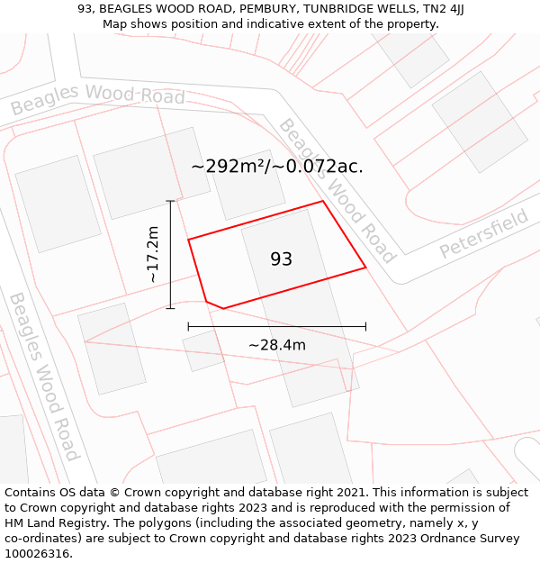 93, BEAGLES WOOD ROAD, PEMBURY, TUNBRIDGE WELLS, TN2 4JJ: Plot and title map