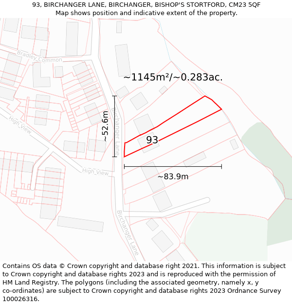 93, BIRCHANGER LANE, BIRCHANGER, BISHOP'S STORTFORD, CM23 5QF: Plot and title map