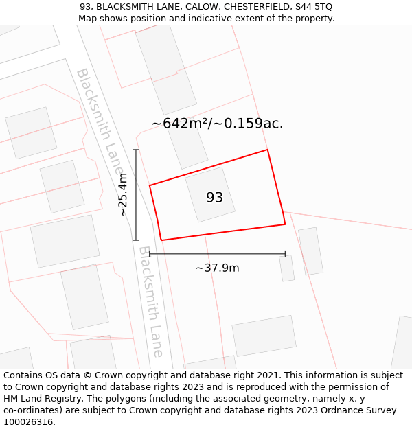 93, BLACKSMITH LANE, CALOW, CHESTERFIELD, S44 5TQ: Plot and title map