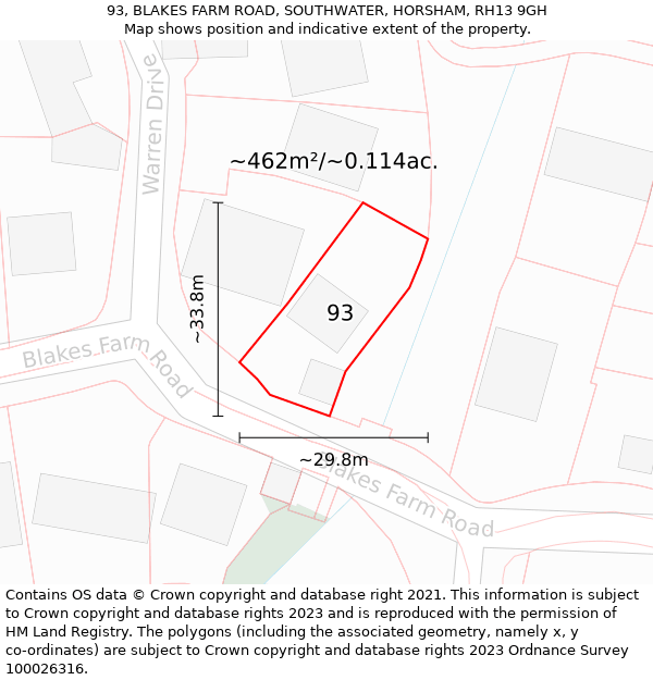 93, BLAKES FARM ROAD, SOUTHWATER, HORSHAM, RH13 9GH: Plot and title map