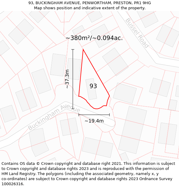 93, BUCKINGHAM AVENUE, PENWORTHAM, PRESTON, PR1 9HG: Plot and title map