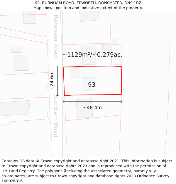 93, BURNHAM ROAD, EPWORTH, DONCASTER, DN9 1BZ: Plot and title map