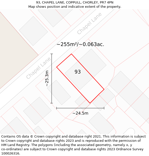 93, CHAPEL LANE, COPPULL, CHORLEY, PR7 4PN: Plot and title map