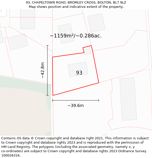 93, CHAPELTOWN ROAD, BROMLEY CROSS, BOLTON, BL7 9LZ: Plot and title map
