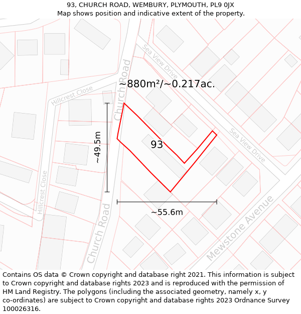 93, CHURCH ROAD, WEMBURY, PLYMOUTH, PL9 0JX: Plot and title map