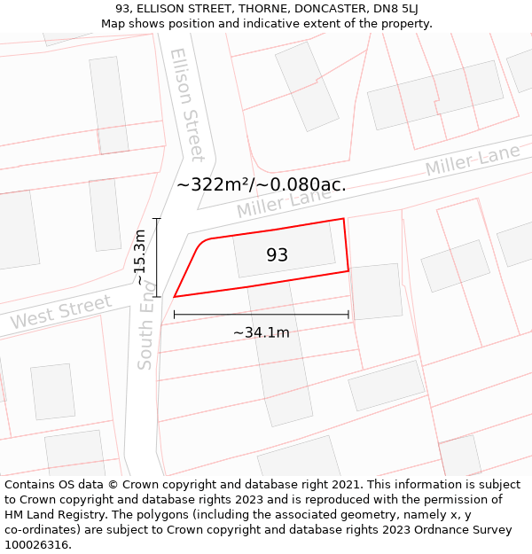 93, ELLISON STREET, THORNE, DONCASTER, DN8 5LJ: Plot and title map