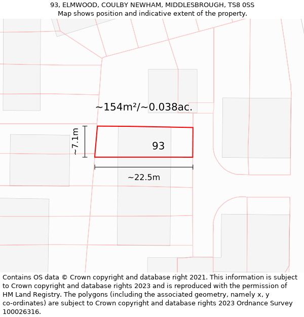 93, ELMWOOD, COULBY NEWHAM, MIDDLESBROUGH, TS8 0SS: Plot and title map