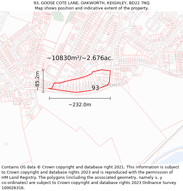 93, GOOSE COTE LANE, OAKWORTH, KEIGHLEY, BD22 7NQ: Plot and title map